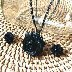 Black Rose Necklace with Matching Earrings